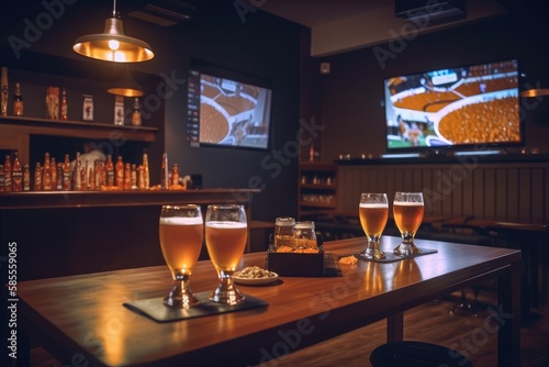 Preparation for watching the sport game.Cooled glass of beer with condensate on the wooden table. Blurred bar at the background Generative AI photo