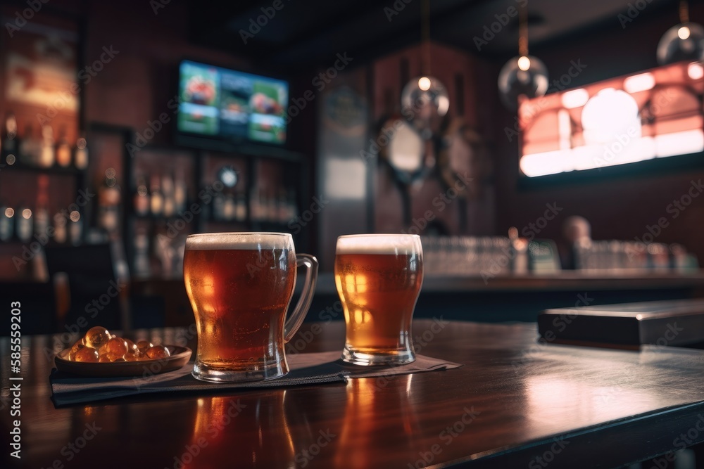 Preparation for watching the sport game.Cooled glass of beer with condensate on the wooden table. Blurred bar at the background Generative AI Preparation for watching the sport game.Cooled glass of beer with condensate on the wooden table. Blurred bar at the background Generative AI