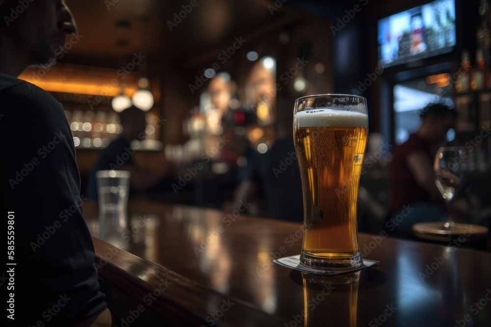 Preparation for watching the sport game.Cooled glass of beer with condensate on the wooden table. Blurred bar at the background Generative AI Preparation for watching the sport game.Cooled glass of beer with condensate on the wooden table. Blurred bar at the background Generative AI