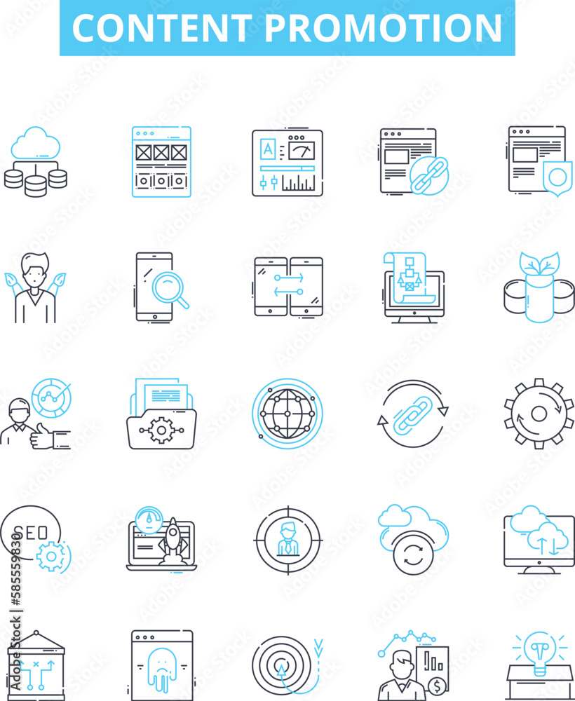Content promotion vector line icons set. Marketing, Advertising, Publicity, Networking, Distribution, Linkbuilding, Outreach illustration outline concept symbols and signs Content promotion vector line icons set. Marketing, Advertising, Publicity, Networking, Distribution, Linkbuilding, Outreach illustration outline concept symbols and signs