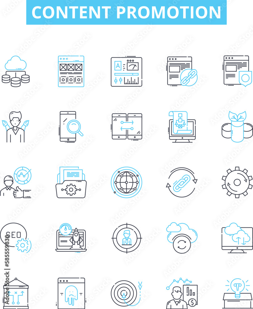 Content promotion vector line icons set. Marketing, Advertising, Publicity, Networking, Distribution, Linkbuilding, Outreach illustration outline concept symbols and signs