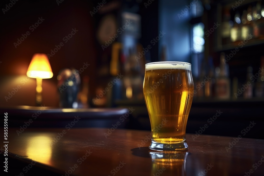 Preparation for watching the sport game.Cooled glass of beer with condensate on the wooden table. Blurred bar at the background Generative AI Preparation for watching the sport game.Cooled glass of beer with condensate on the wooden table. Blurred bar at the background Generative AI