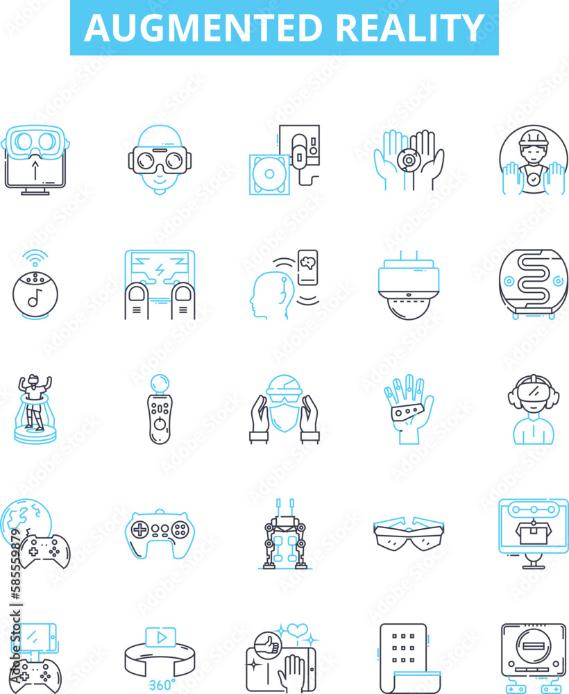 Augmented reality vector line icons set. Augmented, Reality, AR, 3D, Mixed, Virtual, Interactive illustration outline concept symbols and signs Augmented reality vector line icons set. Augmented, Reality, AR, 3D, Mixed, Virtual, Interactive illustration outline concept symbols and signs