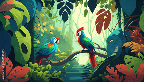 colorful Illustration of a tropical rainforest .Generative AI.