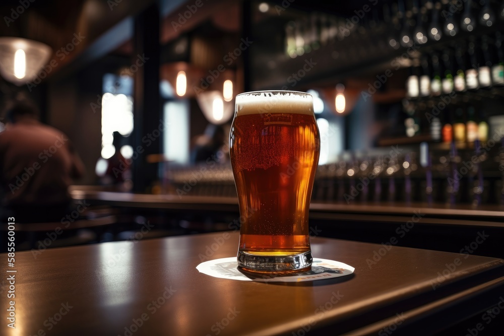Preparation for watching the sport game.Cooled glass of beer with condensate on the wooden table. Blurred bar at the background Generative AI Preparation for watching the sport game.Cooled glass of beer with condensate on the wooden table. Blurred bar at the background Generative AI
