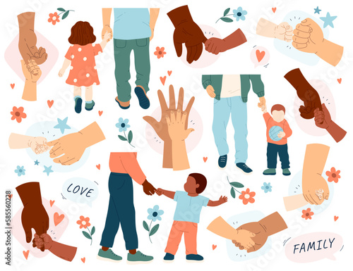 Child and adult hands flat illustrations set. Toddlers holding parents palm or fingers. Love, care and support for kids