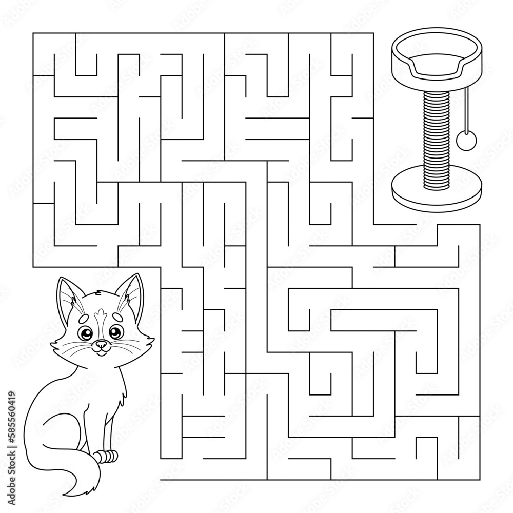 Maze game for children with cartoon cat and cat scratcher. Outline