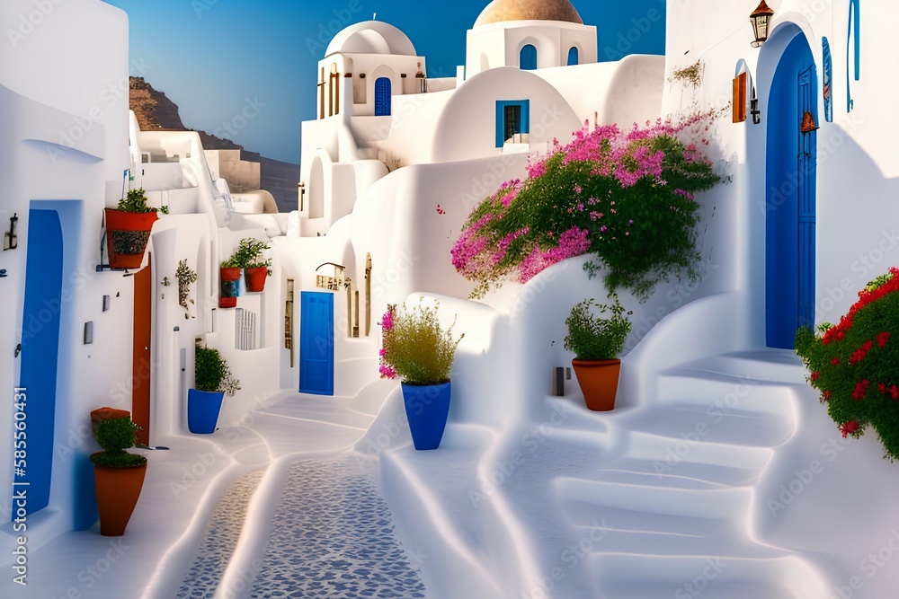 Fototapeta premium beautiful streets of romantic white town - generative ai 