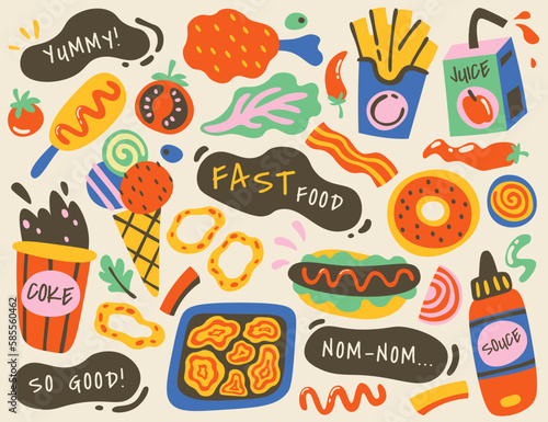 Hand drawn abstract fast food illustrations. Hot dog, doughnut, onion chips, chicken drumstick, ice cream