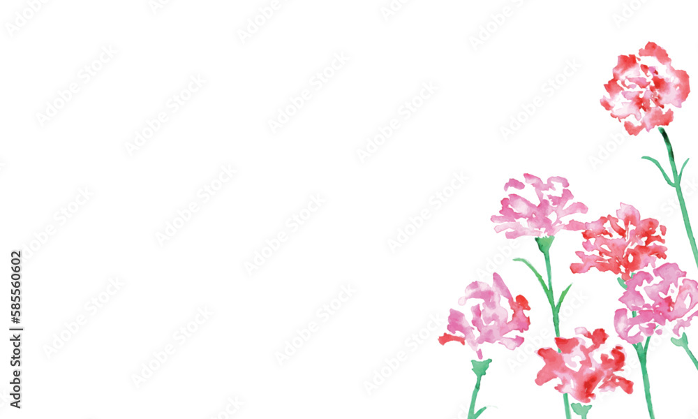 水彩画。母の日の赤いカーネーションのベクターフレーム。Watercolor painting. Vector frame of red carnations for Mother's Day.