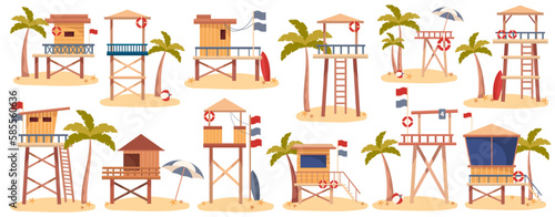 Lifeguard stations flat illustrations set. Wooden buildings for life-saver with lifebuoy, umbrella on beach