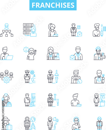 Franchises vector line icons set. Franchises, franchising, franchisors, franchisees, licensing, business, startups illustration outline concept symbols and signs