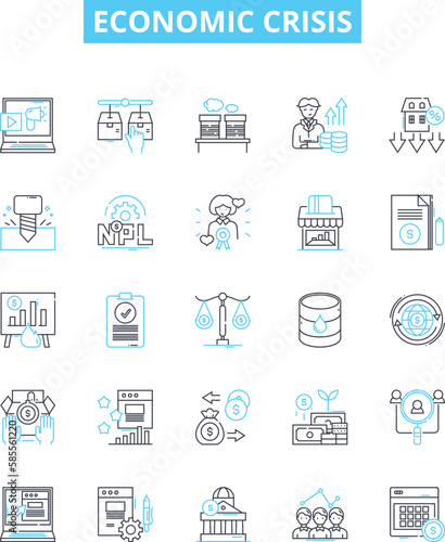 Economic crisis vector line icons set. Economy, Crisis, Recession, Inflation, Deflation, Bankruptcy, Unemployment illustration outline concept symbols and signs