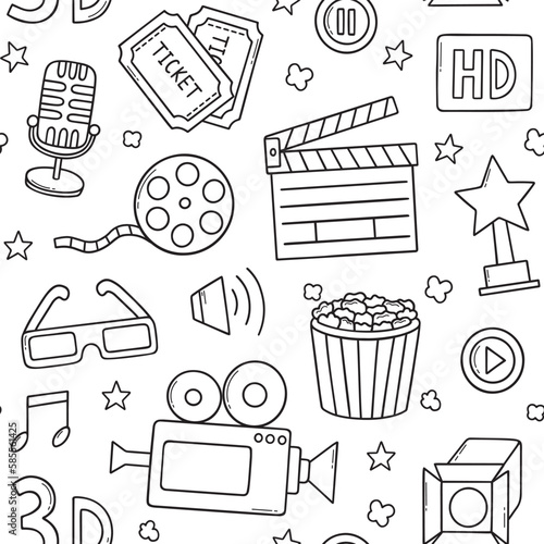 Seamless pattern of Cinema doodle. Movie elements in sketch style. Camera, film strip, popcorn, clapperboard, ticket. Hand drawn vector illustration