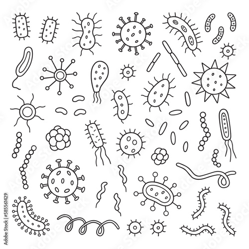 Bacteria and Viruses doodle set. Microorganism in sketch style. Hand drawn vector illustration isolated on white background