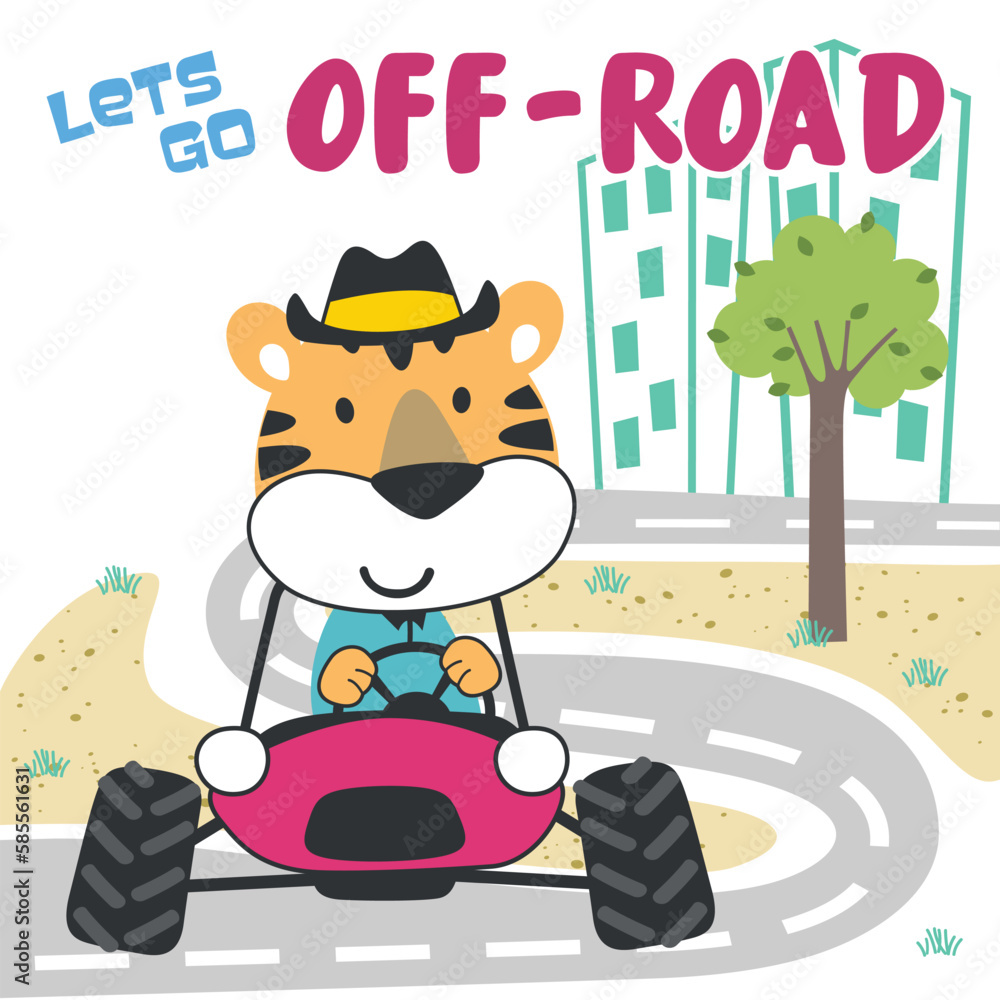 Vector illustration of cute little tiger on a off road car go to forest, Can be used for t-shirt print, kids wear, invitation card. fabric, textile, nursery wallpaper, poster and other decoration.