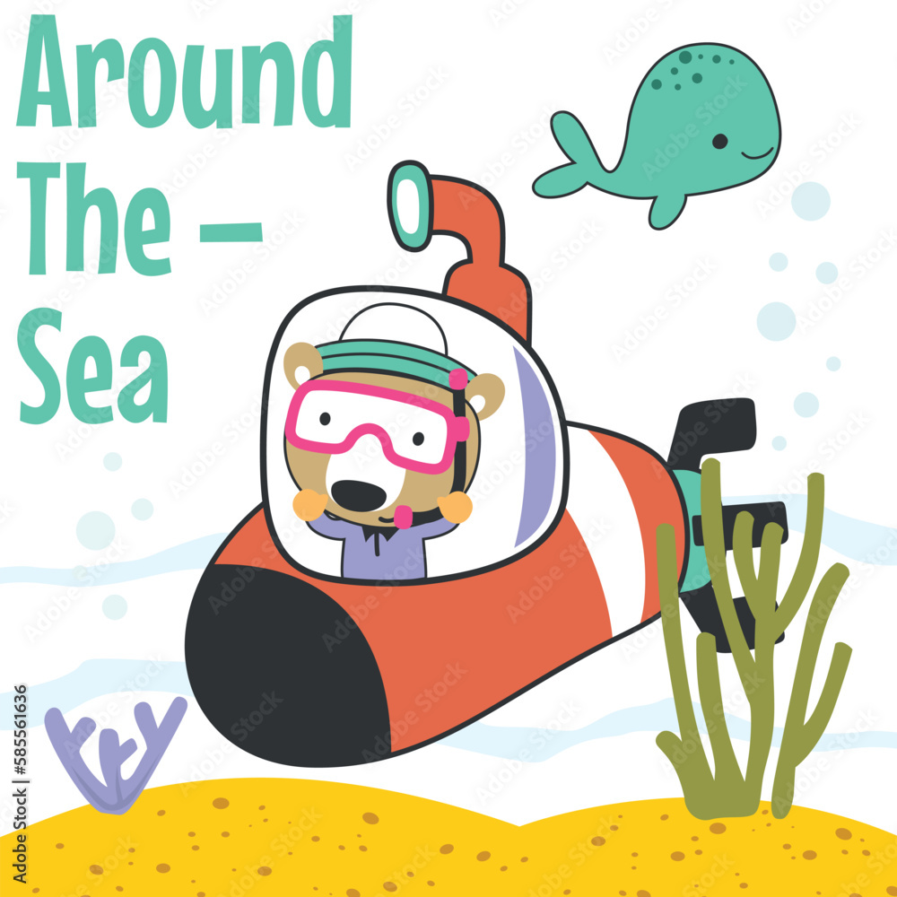 Naklejka premium Diving with funny bear driving submarine. Creative vector childish background for fabric, textile, nursery wallpaper, poster, card, brochure. vector illustration background.