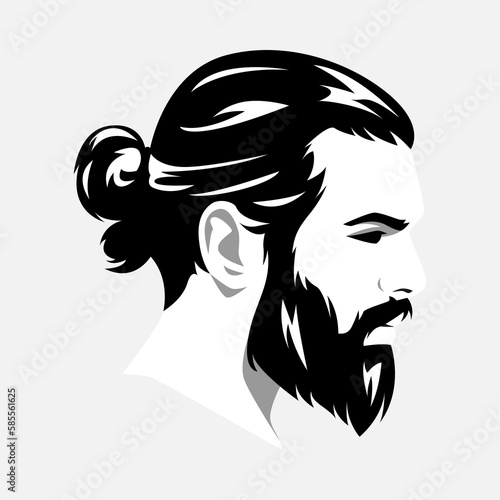 Monochrome portrait of a handsome man face side view. blonde, bearded, ponytail hair. avatar for social media. colored. for profile, template, print, sticker, poster, etc. flat vector illustration.