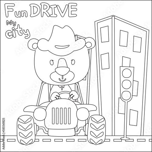 Cute tiger cartoon having fun driving off road car on sunny day. Cartoon isolated vector illustration, Creative vector Childish design for kids activity colouring book or page.