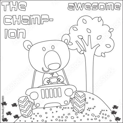 Cute bear cartoon having fun driving off road car on sunny day. Cartoon isolated vector illustration  Creative vector Childish design for kids activity colouring book or page.