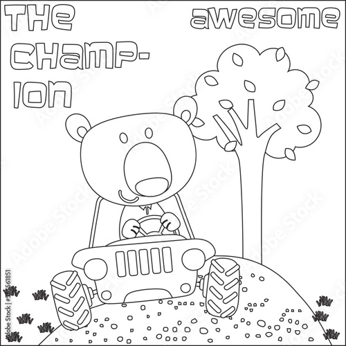 Cute bear cartoon having fun driving off road car on sunny day. Cartoon isolated vector illustration, Creative vector Childish design for kids activity colouring book or page.