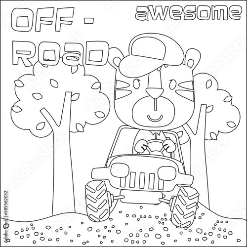 Cute tiger cartoon having fun driving off road car on sunny day. Cartoon isolated vector illustration, Creative vector Childish design for kids activity colouring book or page.