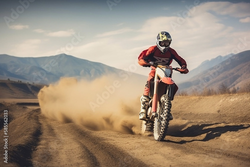 Extreme Motocross MX Rider riding on dirt track ,rocky mountains 2 Generative AI