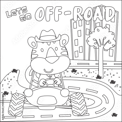 Cute tiger cartoon having fun driving off road car on sunny day. Cartoon isolated vector illustration, Creative vector Childish design for kids activity colouring book or page.