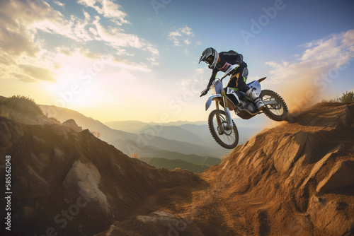 Extreme Motocross MX Rider riding on dirt track ,rocky mountains Generative AI
