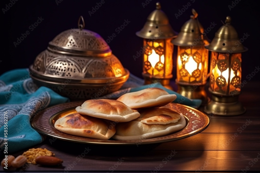 Ramadan pita on the table for suhoor and iftar Generative AI