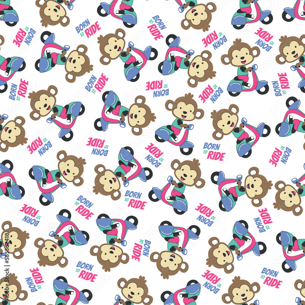 Cartoon seamless pattern of cute monkey riding Scooter . Can be used for t-shirt printing, children wear fashion designs and other decoration. Cartoon seamless pattern of cute monkey riding Scooter . Can be used for t-shirt printing, children wear fashion designs and other decoration.