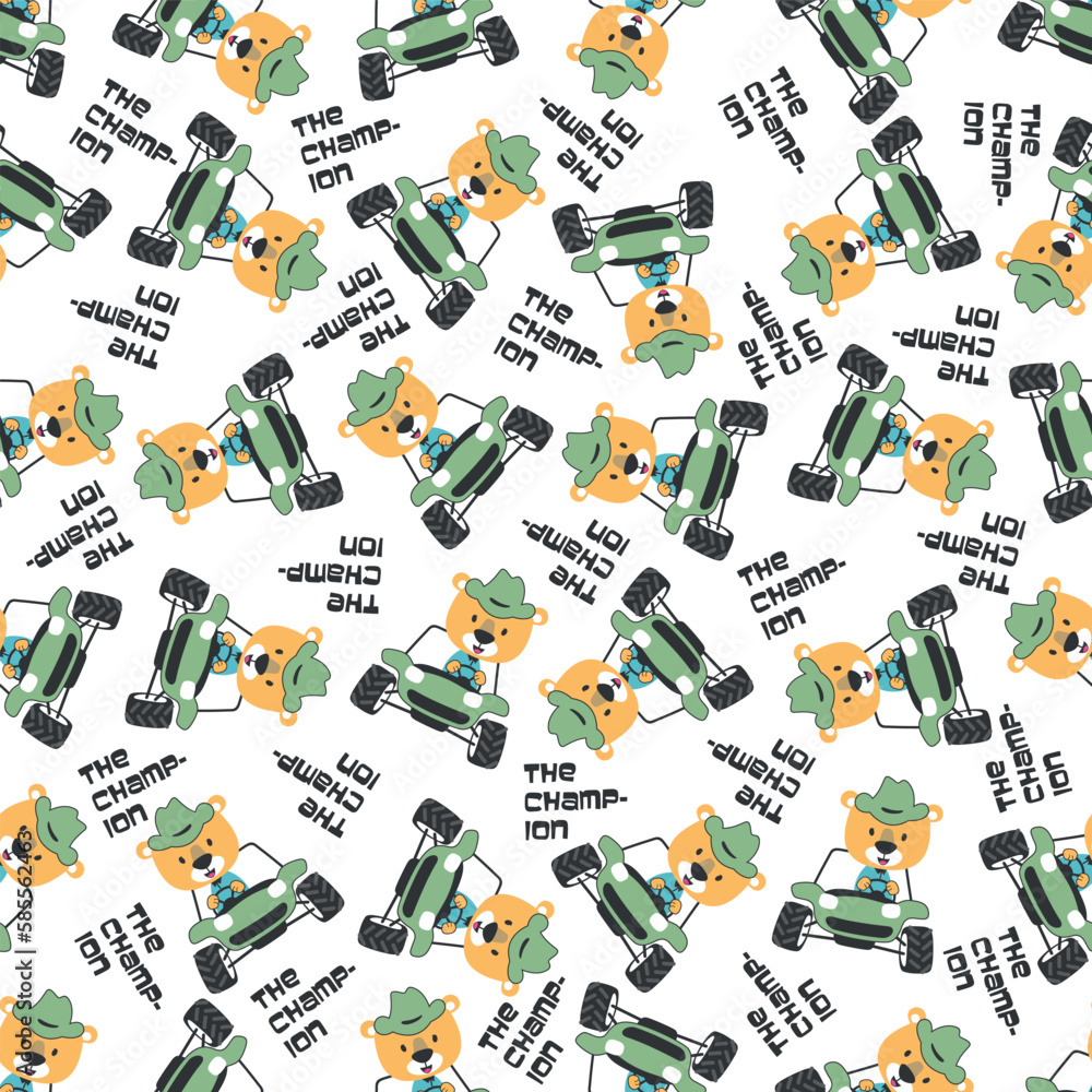 Seamless pattern vector of off road car with animal driver. Creative vector childish background for fabric textile, nursery background, baby clothes, poster, wrapping paper and other decoration. Seamless pattern vector of off road car with animal driver. Creative vector childish background for fabric textile, nursery background, baby clothes, poster, wrapping paper and other decoration.