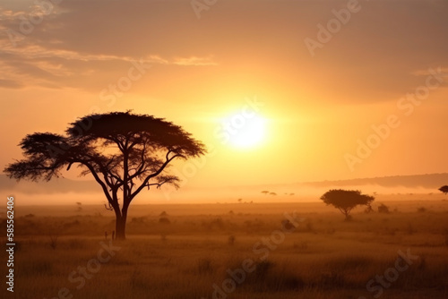Sunrise in the wild African savannah 1 Generative AI