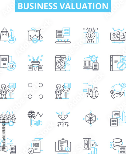Business valuation vector line icons set. Valuation, Business, Analysis, Asset, Price, Market, Equity illustration outline concept symbols and signs