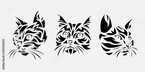 set of cat face tribal tattoos. animal, pet, wild concept. suitable for print, sticker, other design purposes. vector illustration.