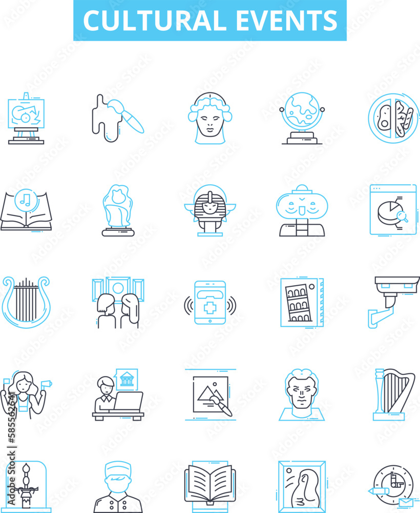 Cultural events vector line icons set. Festivals, Concerts, Parades, Rituals, Traditions, Ceremonies, Pageants illustration outline concept symbols and signs Cultural events vector line icons set. Festivals, Concerts, Parades, Rituals, Traditions, Ceremonies, Pageants illustration outline concept symbols and signs