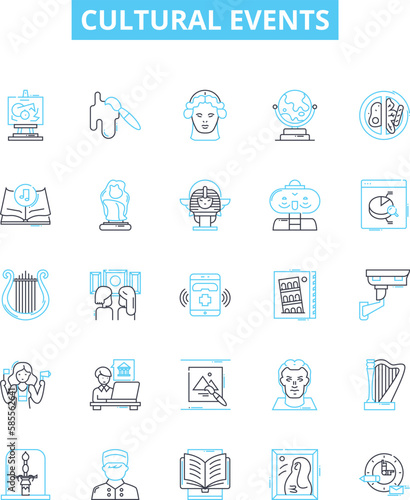 Cultural events vector line icons set. Festivals, Concerts, Parades, Rituals, Traditions, Ceremonies, Pageants illustration outline concept symbols and signs