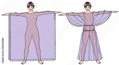 Ancient Greek clothing - Woman wears an purple Ionic chiton photo