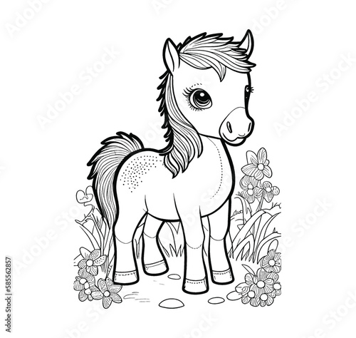 Coloring book of a pony cub, black and white illustration for coloring with flowers, outline of a cute pony on a white background. Vector