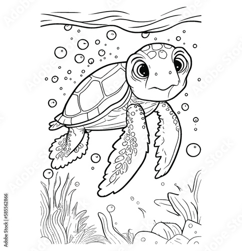 Baby turtle coloring page. Black and white illustration. Vector baby turtle coloring page