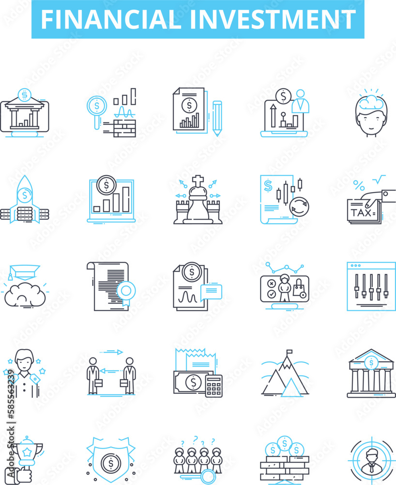 Financial investment vector line icons set. Investment, Finance, Financial, Markets, Banking, Stocks, Assets illustration outline concept symbols and signs Financial investment vector line icons set. Investment, Finance, Financial, Markets, Banking, Stocks, Assets illustration outline concept symbols and signs