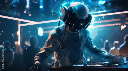 dj wearing a space outfit in a futuristic dance club