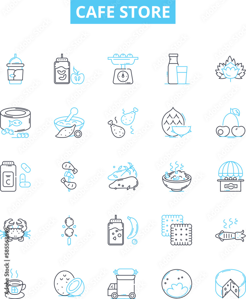 Cafe store vector line icons set. Cafe, Store, Coffee, Drinks, Food, Bakery, Desserts illustration outline concept symbols and signs Cafe store vector line icons set. Cafe, Store, Coffee, Drinks, Food, Bakery, Desserts illustration outline concept symbols and signs
