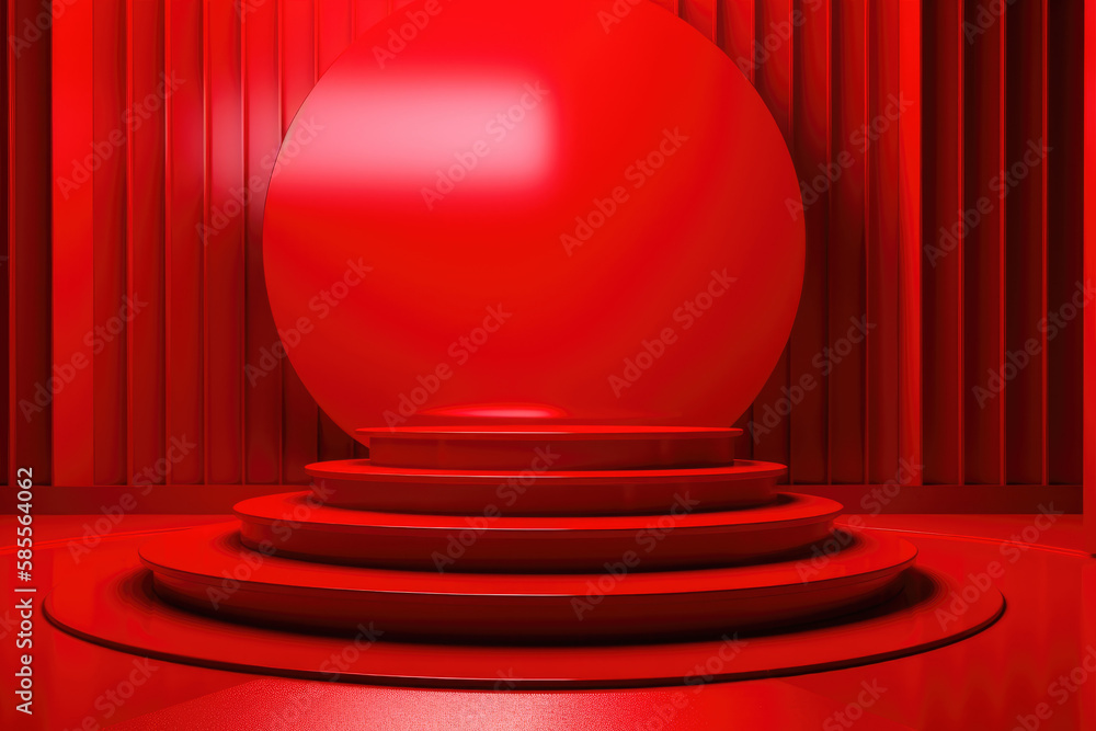 Red podium color 3D background with geometric shapes for product presentation minimal style, stage, red background.