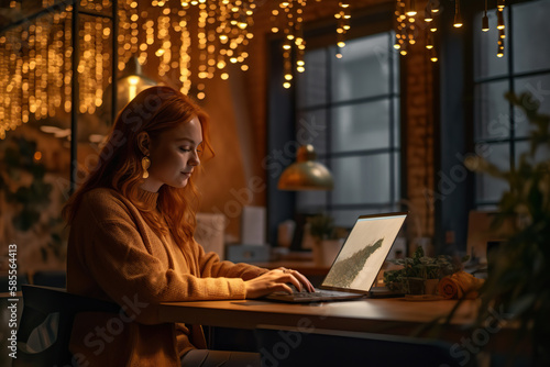 Body positive plus size woman using laptop in coffee shop