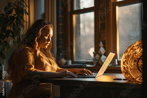 Body positive of plus size woman using laptop at work office. © Nedrofly