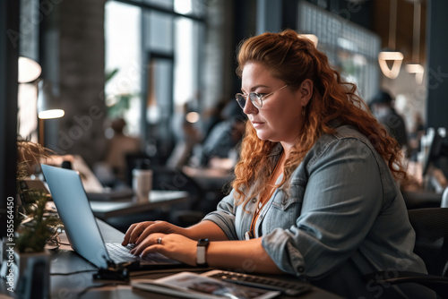 Body positive of plus size woman using laptop at work office.