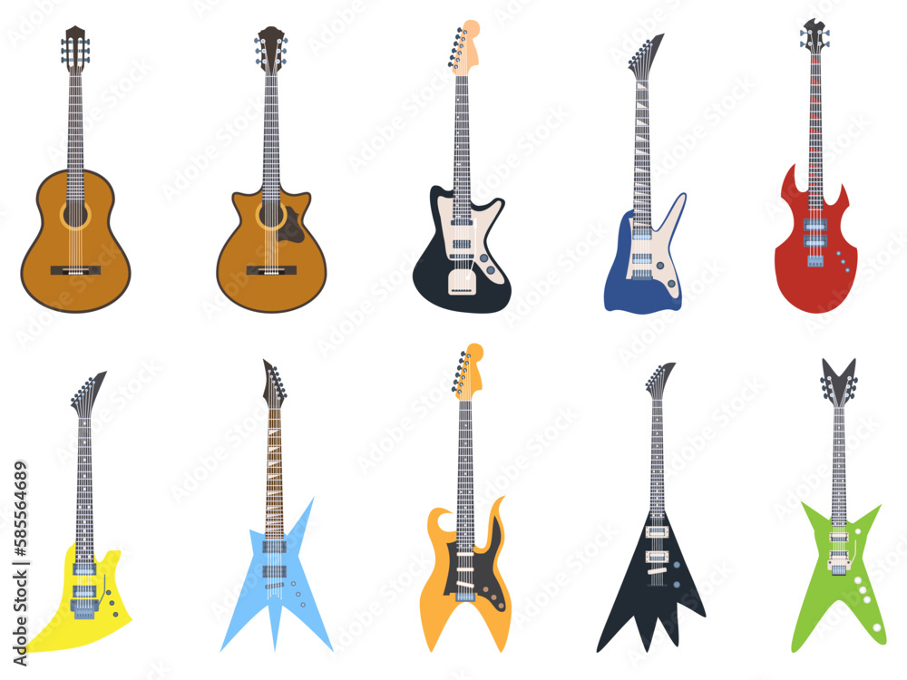 Fototapeta premium Set of different guitars. Stickers with classical, acoustic, electric and bass guitars. String musical instruments for entertainment. Cartoon flat vector collection isolated on white background