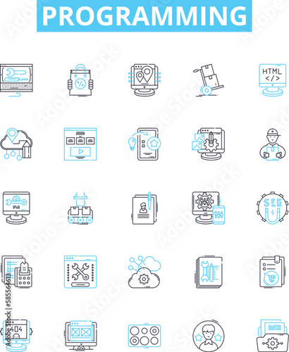Programming vector line icons set. Programming, coding, scripting, coding language, algorithm, debugging, software illustration outline concept symbols and signs