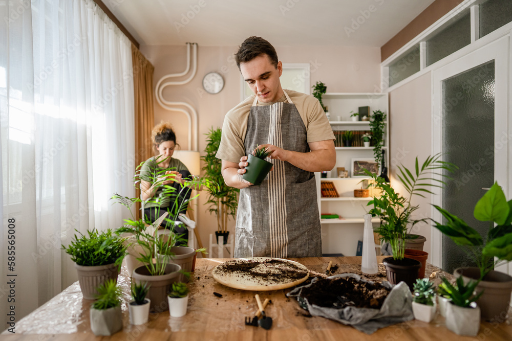 Couple caucasian man and woman wife and husband planting flowers together taking care of home plants real people domestic life family gardening concept copy space Couple caucasian man and woman wife and husband planting flowers together taking care of home plants real people domestic life family gardening concept copy space